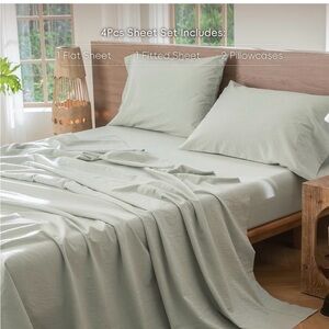 MooMee Bedding Sheet Set 100% Washed Cotton - Sage Green - King